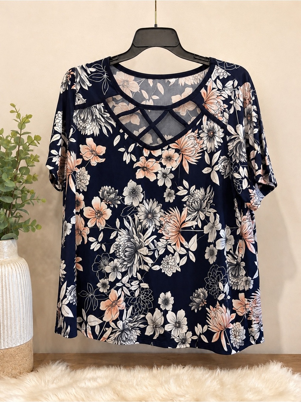 Exclusive One 2X Navy Floral Criss Cross Neck Blouse Top